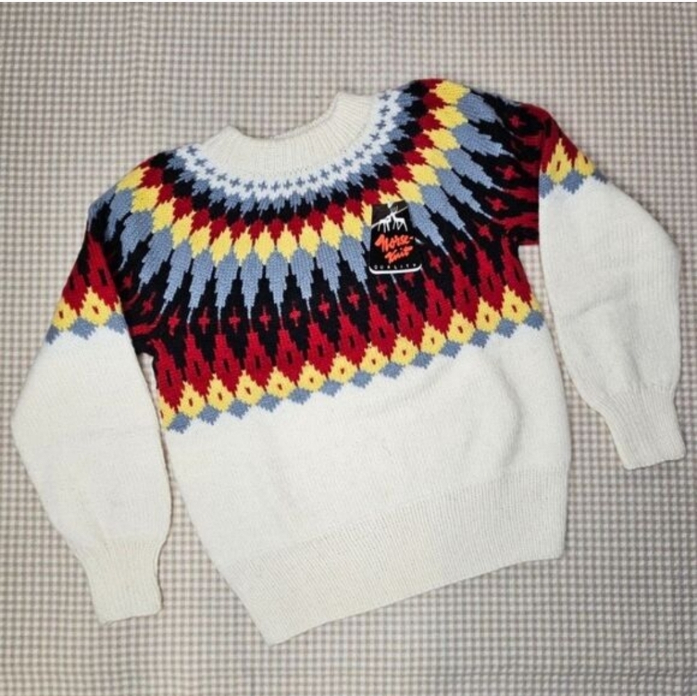 Vintage Lillunn Bold Fair Isle Norse Hand Knit Wool Pullover Long Sleeve Sweater